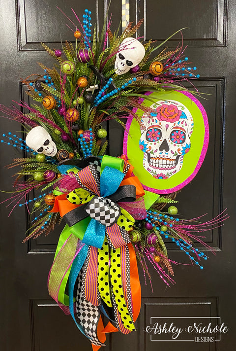 Sugar Skull & Glitter Halloween Wreath