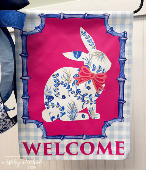 Chinoiserie Inspired Sitting Bunny - BLUE - Vinyl Garden Flag