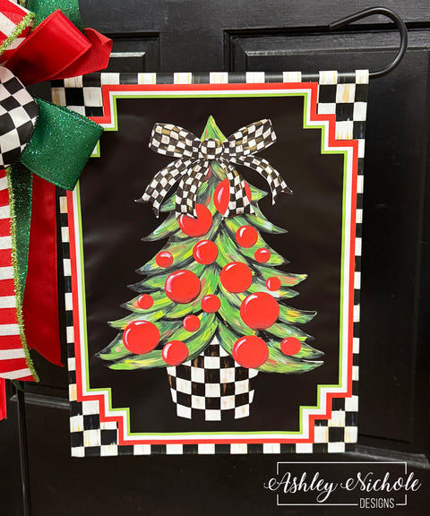 Christmas Tree - CHECKERED Bow - Vinyl Garden Flag