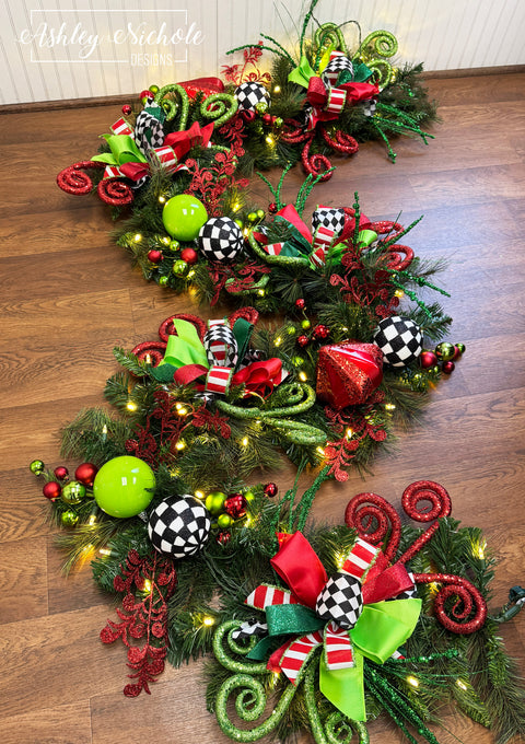 Garland - UNLIT or LIGHTED - Santa - Holly Jolly Whimsical Design - 9' Long