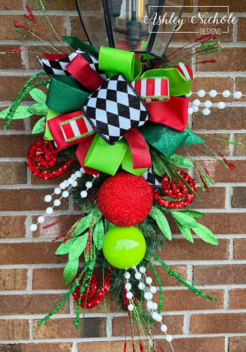 26" Decorated Evergreen Lantern Swag - Matching - Holly Jolly Whimsical Santa Wreath