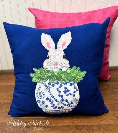 Custom Pillow - Peeking Bunny in Ginger Jar on Royal Blue Outdoor Fabric