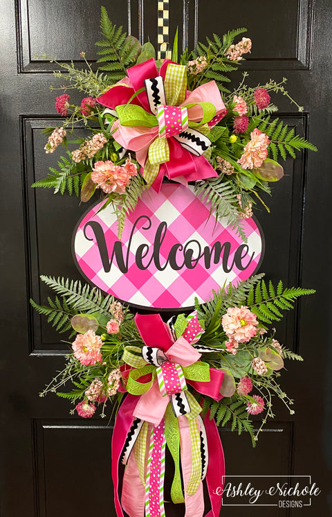 Buffalo Check Welcome Plaque Everyday Wreath - PINKS