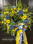 Blue Hydrangea & Yellow Shasta Daisy Wreath