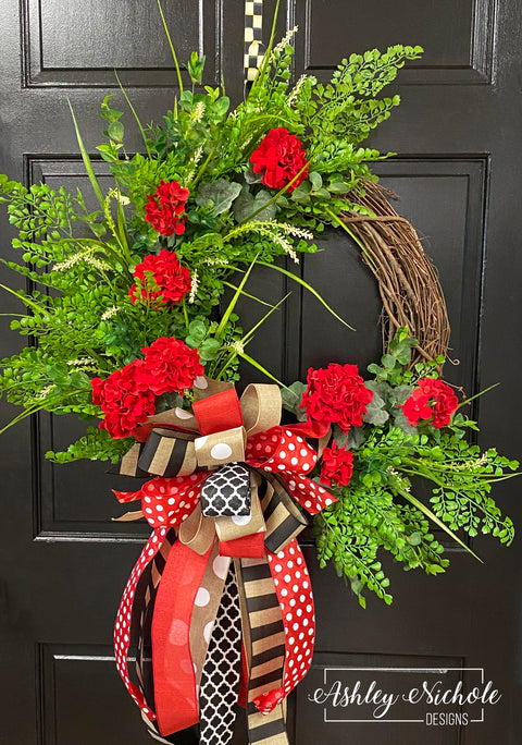 Geranium and Grasses Wreath - RED Version