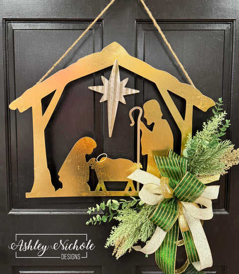 Tin Nativity Door Hanger & Floral Decor - 18.5" x 24"