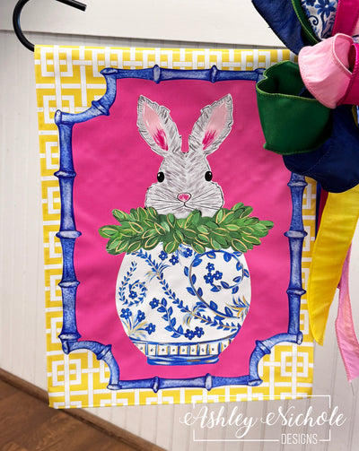 Peeking Bunny in a Ginger Jar - Vinyl Garden Flag