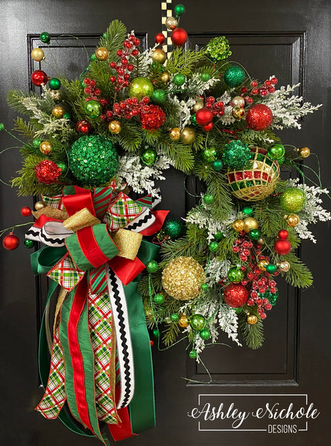 Green, Red & Gold Glitzy Round Christmas Wreath