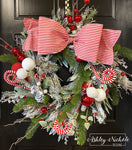 Christmas Red & White Ticking Bow Wreath