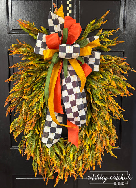 Checkered Bow & Fall Astilbe Grass Wreath