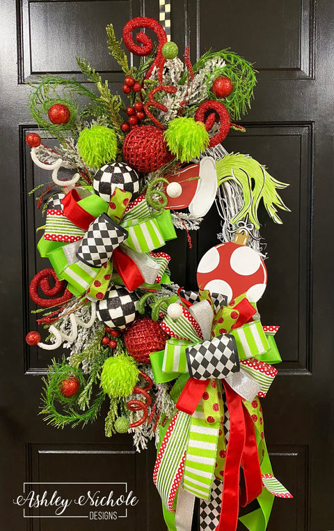 READY-to-SHIP ~ Grinch Inspired Hand & Ornament - Christmas Wreath