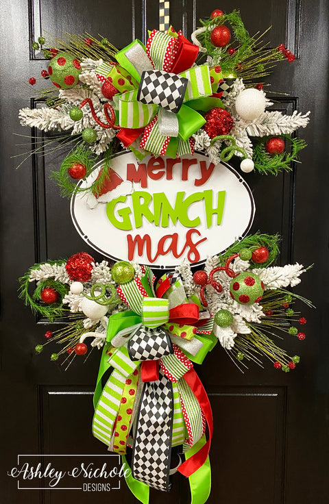 Grinch Inspired "Merry Grinchmas" Plaque Wreath