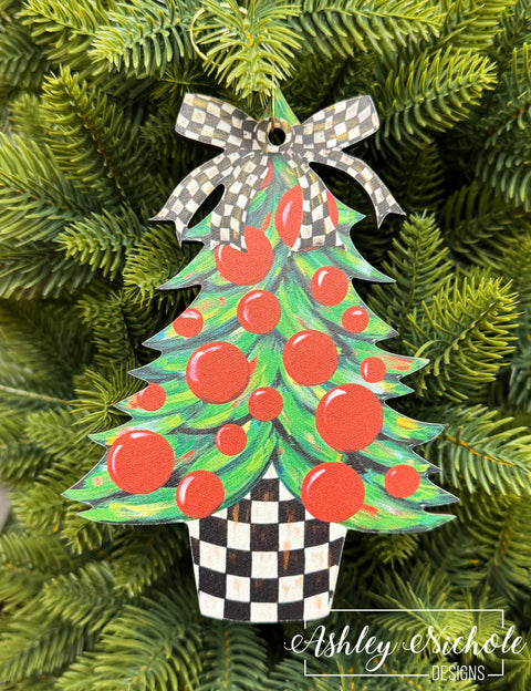 Christmas Tree - CHECKERED Bow - Wooden Christmas Ornament