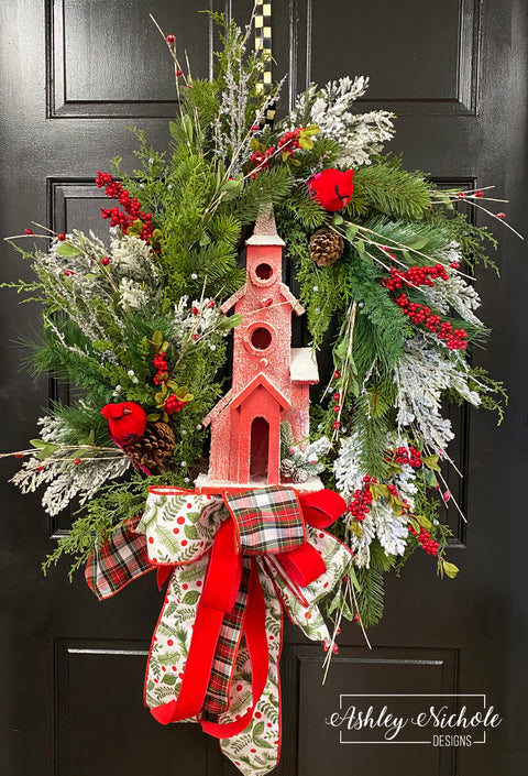Snowy Church Birdhouse Wreath