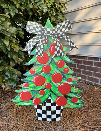 Christmas Tree - CHECKERED Bow  - Christmas Corrugated Coroplast Yard Stake