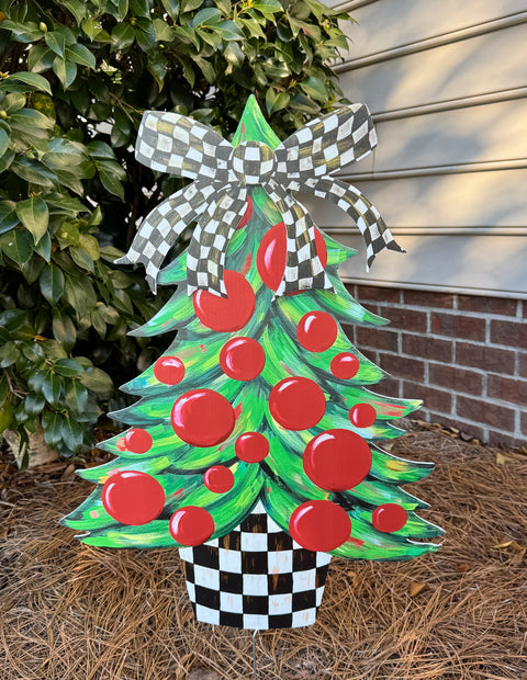 Christmas Tree - CHECKERED Bow  - Christmas Corrugated Coroplast Yard Stake