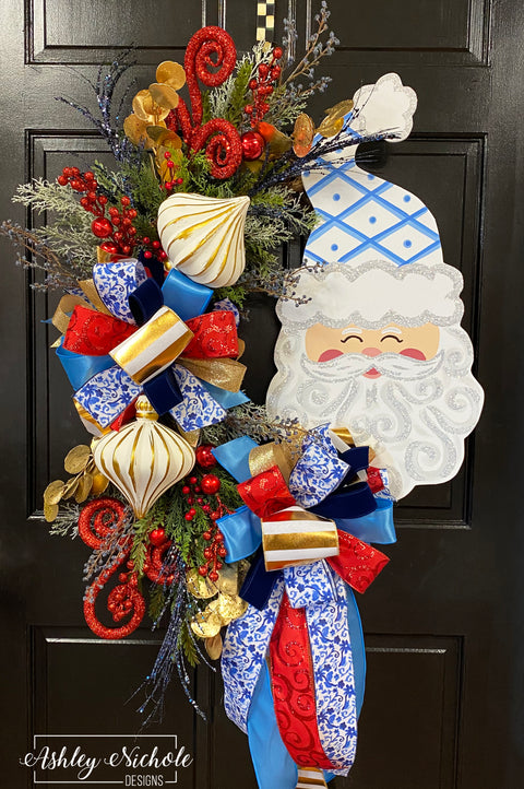 Santa Wreath - Blue, Red, & Gold - Chinoiserie Style