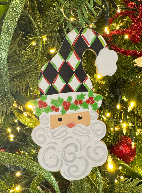 Santa - Holly Jolly Harlequin (BLACK) - Wooden Christmas Ornament