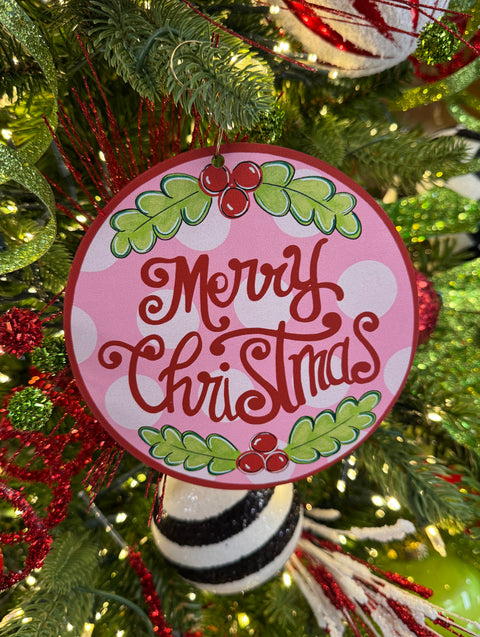Merry Christmas Holly - Pink & Red - Wooden Christmas Ornament