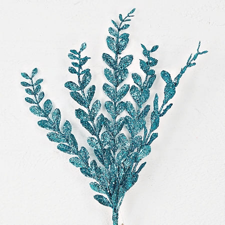 24" Glittered Boxwood Leaf Spray - Blue