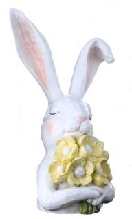 12" Resin Thoughtful Bunny with Flower Bouquet - Yellow Buttercup/White