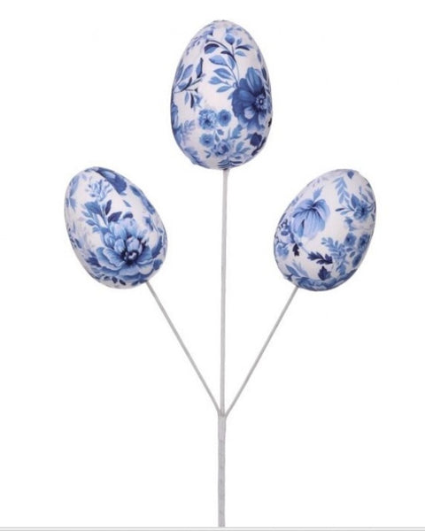 18" Fabric Toile Easter Egg Pick x3 - Blue/White