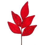 21" Glitter Veined Velvet Leaf Spray - Red