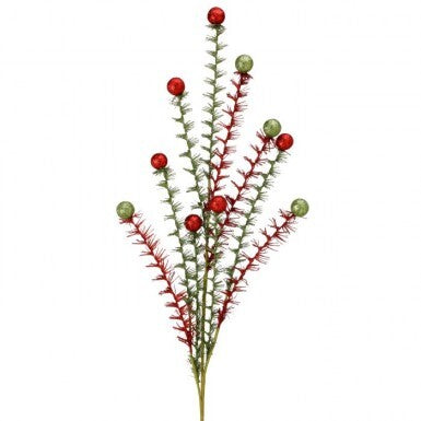 35" Glitter & Mica Balls On Curly Stem Spray - Red & Green