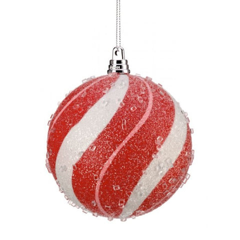 100mm VP Sugar Peppermint Ball Ornament - Red & White