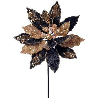 24" Iced Jewel Encrusted Poinsettia Stem - Black & Gold