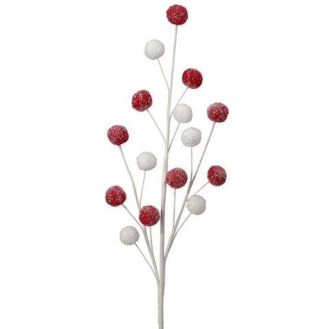 21" Pom Pom Spray with Glittered Snow - Red & White