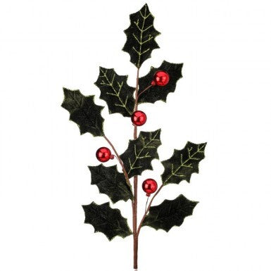 27" Velvet Holly Leaf Spray with Ornament Berries - Green & Red