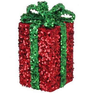 10" Sequin Gift Box With Bow - Green & Red