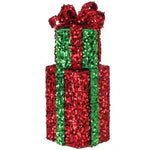 14" Sequin Stack Gift Boxes With Bow - Green & Red