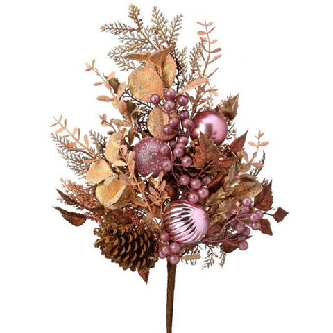 32" Glittered Leaf, Berry & Pine Cone Spray - Champagne Pink