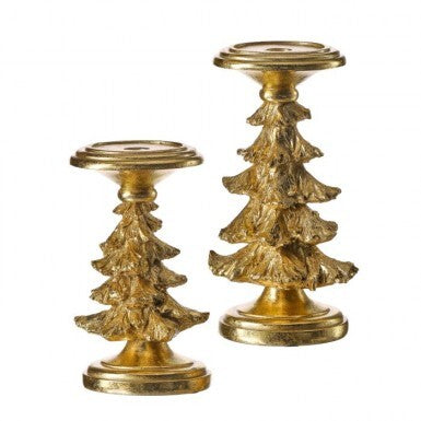 10" Resin Christmas Tree Candle Holders - Gold - Set of 2