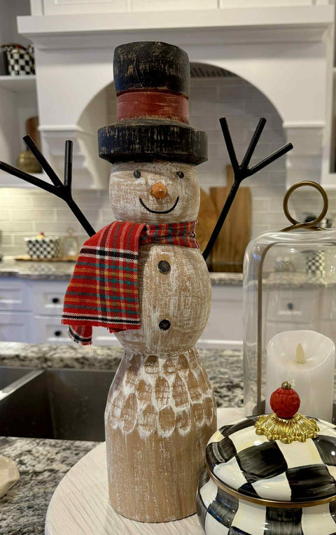 Red Scarf & Hat - Mango Wood Snowman - Natural/White Wash - 15.25"H