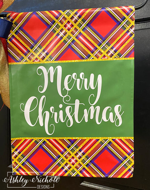 Merry Christmas - Plaid (GREEN, Navy, Red, & Gold) - Vinyl Garden Flag