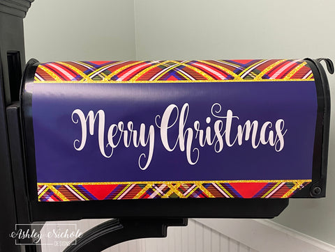 Merry Christmas - Plaid (Navy, Red, Green & Gold) - Magnetic Vinyl Mailbox Cover