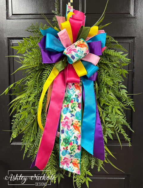 Mixed Fern & Grasses Wreath - Hot Summer Colors Bow - 24" Oval