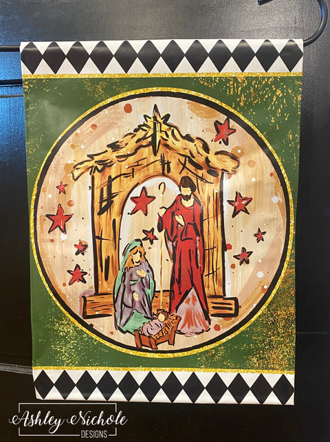 Nativity Scene - Traditional Red/Green Version - Vinyl Garden Flag