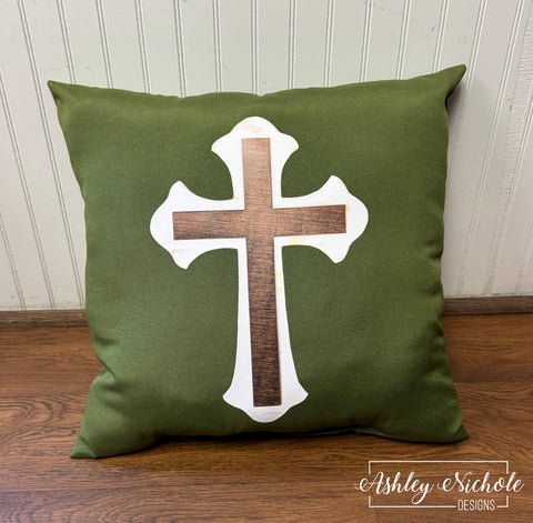 Custom Pillow - Neutral Cross on Olive Outdoor Fabric