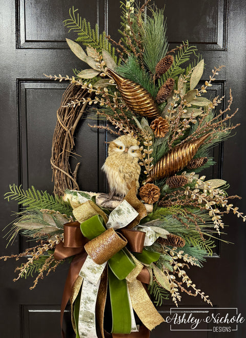 Owl's Winter Retreat Oval Wreath