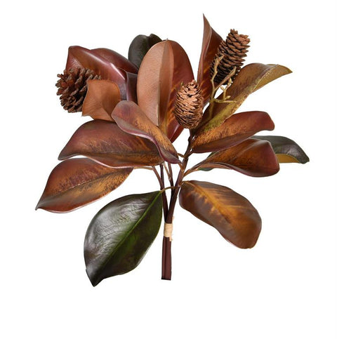 17" Fall Magnolia Leaf & Pine Cone Bundle - Brown