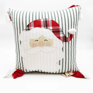 Festive Santa Pillow on Green Ticking Fabric