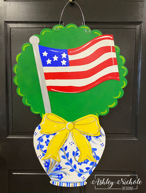 Patriotic Ginger Jar Boxwood Door Hanger