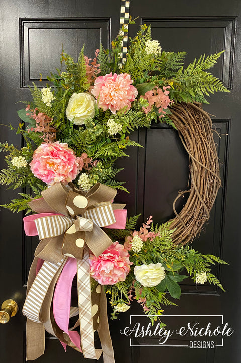 Peony Floral PINK Neutral Wreath