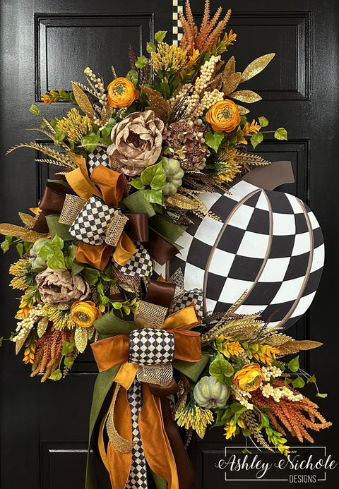 Checkered Pumpkin Oval Fall Wreath (OVERSIZED)