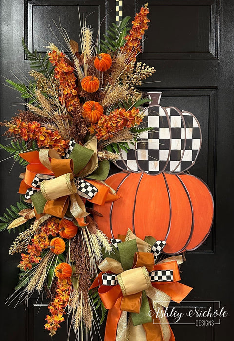 Fancy Checkered Pumpkin Stack Wreath (OVERSIZED)