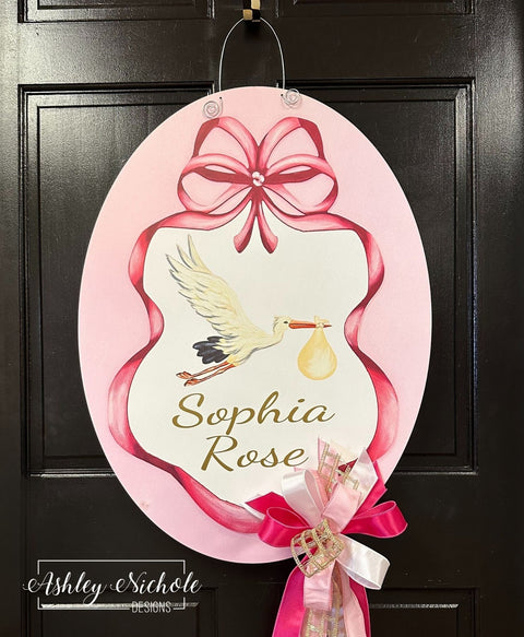 Stork Announcement Oval Sign (GIRL) - Door Hanger (UV Printed Only)